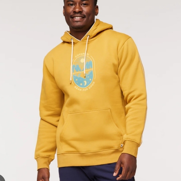 Cotopaxi Yellow Hoodie Sweatshirt Graphic Design Relaxed Fit Back To School Sz L - Picture 1 of 9